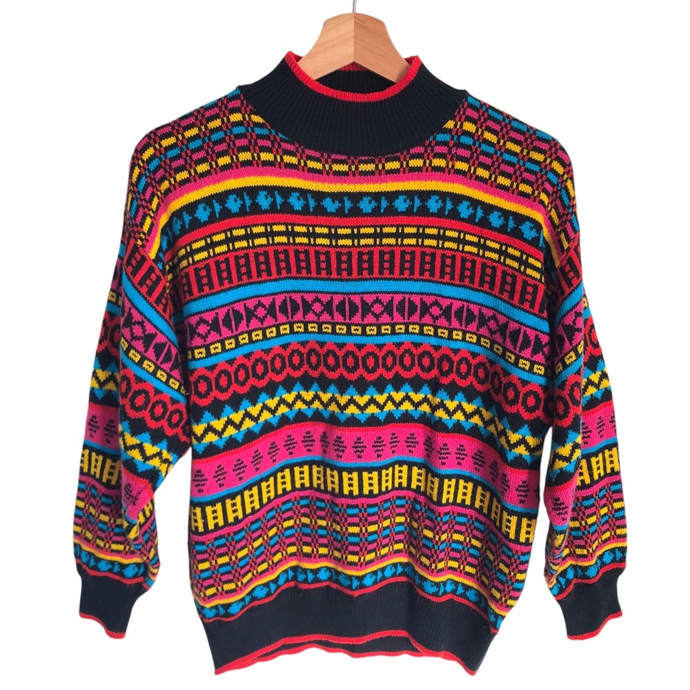VINTAGE 80s 90s Parrinello Colorful Geometric Mockneck Sweater Medium Apres Ski